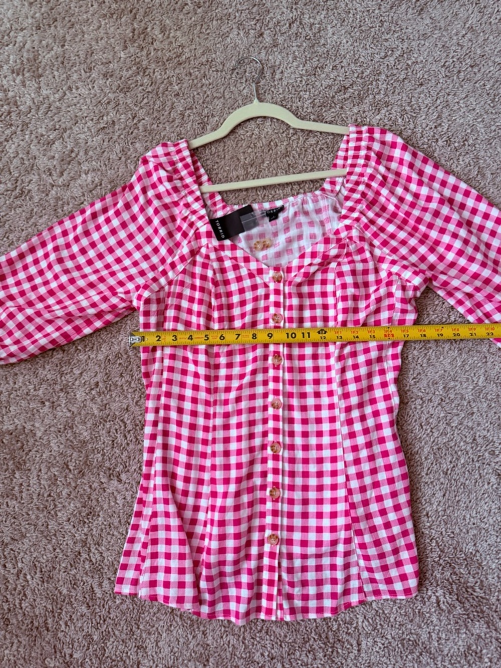 Torrid Fit Flare Button Up 3/4 Sleeve Gingham Pink Top 1X 14/16 NWT - Picture 7 of 15